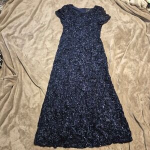 Alex Evenings Navy Blue Rosette Sequin Formal Gown Petite 10P Short Sleeve Dress